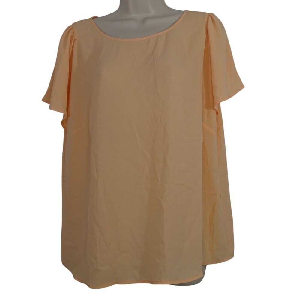 CeCe Peach Orange Flowy Short Sleeve Blouse Women Size XL Semisheer Keyhole Back